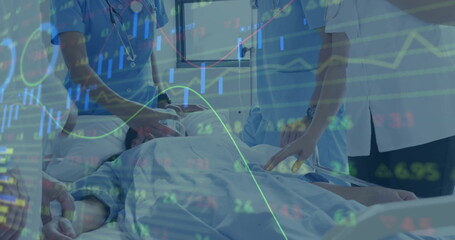 Image of financial data processing over diverse doctors in hospital