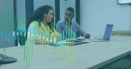 Image of financial data processing over diverse business people in office