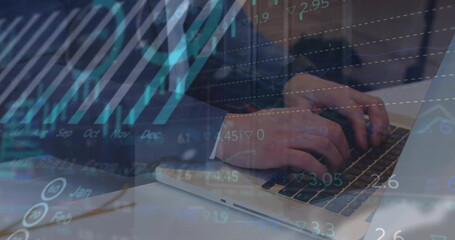 Image of financial data processing over caucasian businessman using laptop