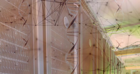 Image of dna strands and data processing over computer servers