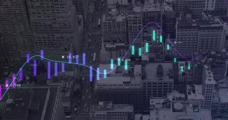 Image of financial data processing over statistics and city