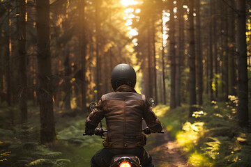 person in the woods, f a biker in a leather vest and helmet riding through a forest trail