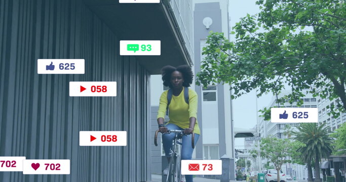 Image of social media notifications over african american woman on bike in city