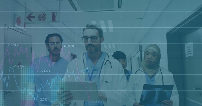 Image of financial data processing over diverse doctors in hospital