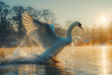 A majestic swan takes off from a serene lake at sunset. Its wings are spread wide. The warm glow of the setting sun reflects on the water, creating a peaceful and enchanting scene.