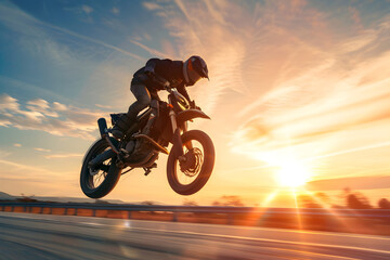 silhouette of a biker,  a biker performing a wheelie on a motorcycle on an open road at sunrise.