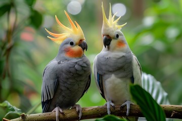 Close-up of a cute couple of Cockatiel birds perched among tropical rainforest, showcasing their natural beauty against a vibrant, bokeh backdrop.