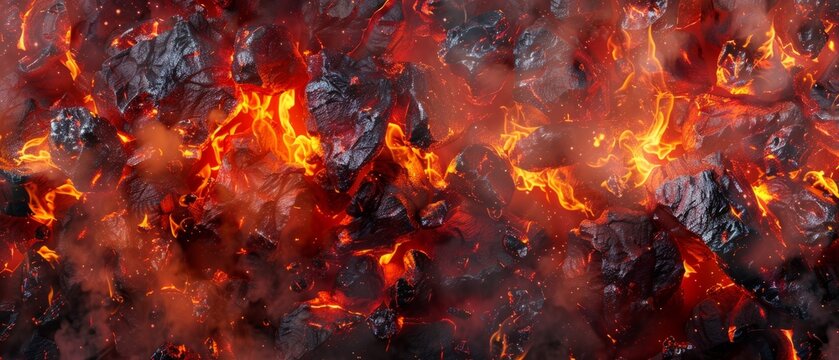 Panoramic close-up, high detail scan of glowing fire texture, Generative AI