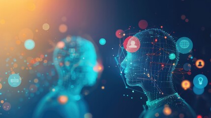 Two users from diverse backgrounds communicating via AI translation, speech translation shown on screen, Global exchange, AI translator