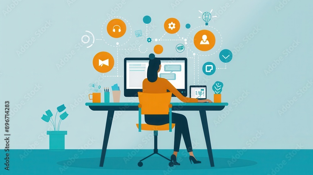Poster user engaging in a conversation with a virtual assistant on their computer, interactive language pra