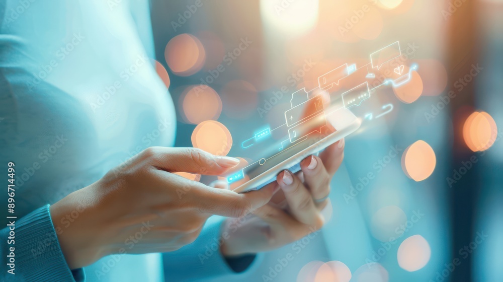 Poster user interacting with a chatbot on a tablet, engaging in language practice through dialogue, chatbot