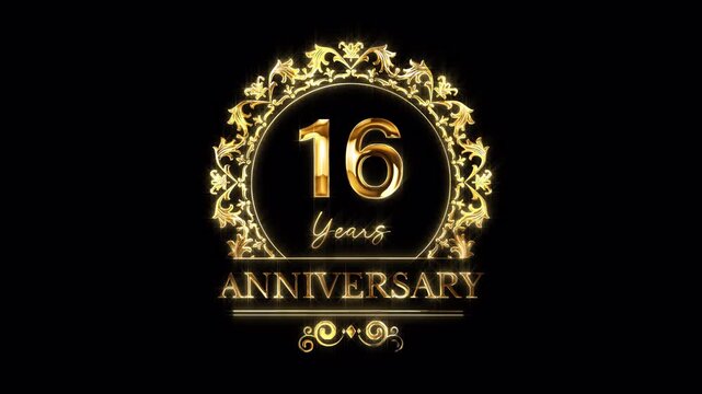 16th Anniversary Celebration. Happy 16 Years Anniversary Animation in Gold Color on the Transparent Background, Alpha Channel. Great for greetings, celebrations, events, and gifts.