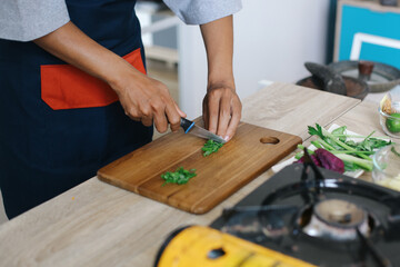 Close Up Hands Slicing The Spring Onion On Wooden Board. Preparation Ingredients To Make Chicken Soup