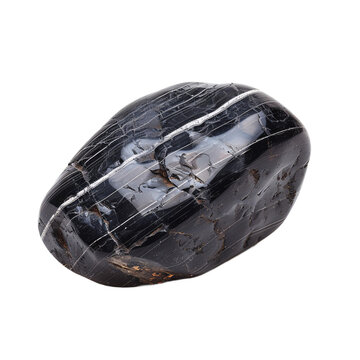 A black rock with a white stripe on it. The rock is smooth and shiny. It has a unique texture and is quite heavy. Isolated on PNGs transparent background