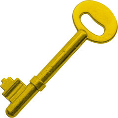Old golden house key isolated on white background