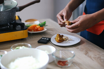 Man Hands Shredding The Chicken For Making Soto Ayam Indonesian Traditional Food