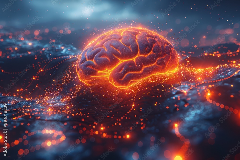 Poster a conceptual digital artwork of a glowing brain, depicted in a vibrant orange and blue palette. the 