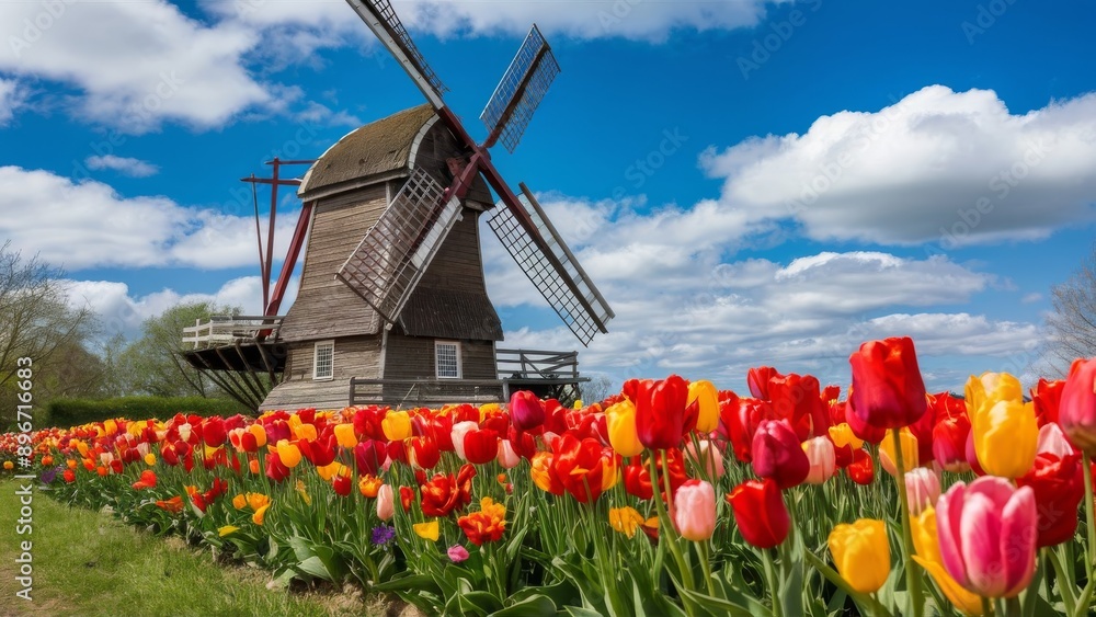 Wall mural Authentic Dutch wooden windmill behind a vibrant tulip field in Holland, Michigan during spring