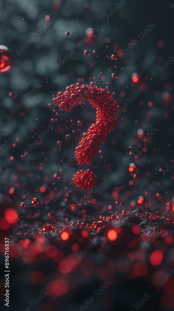 Aufkleber red question mark formed by bubbles on dark blurred background, mysterious and abstract concept