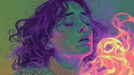 Highly Detailed Portrait of a Crying Woman in a Knitted Sweater with a Ghost, Flat Colors, High Contrast Against Green Background, Purple Shadows, and Pink Light on Face
