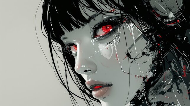 A futuristic cyberpunk anime girl with red eyes and black hair. Showcase highly advanced and complex robot designs. The dark gray tone on a white background highlights future and mechanical elements.