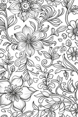 Seamless floral doodle background pattern. Design Asian, ethnic, and tribal patterns. Black and white background. Coloring book.