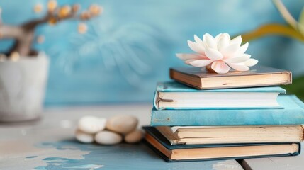 Inspirational books with motivational quotes, subconscious mind, growth mindset, personal development, uplifting scene