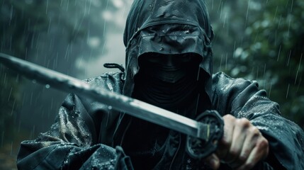Stealthy warrior with blade  ninja holding a sharp knife in a dynamic and menacing pose