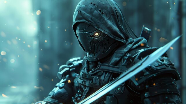 Sleek futuristic ninja warrior brandishing a sharp blade in a technologically advanced setting