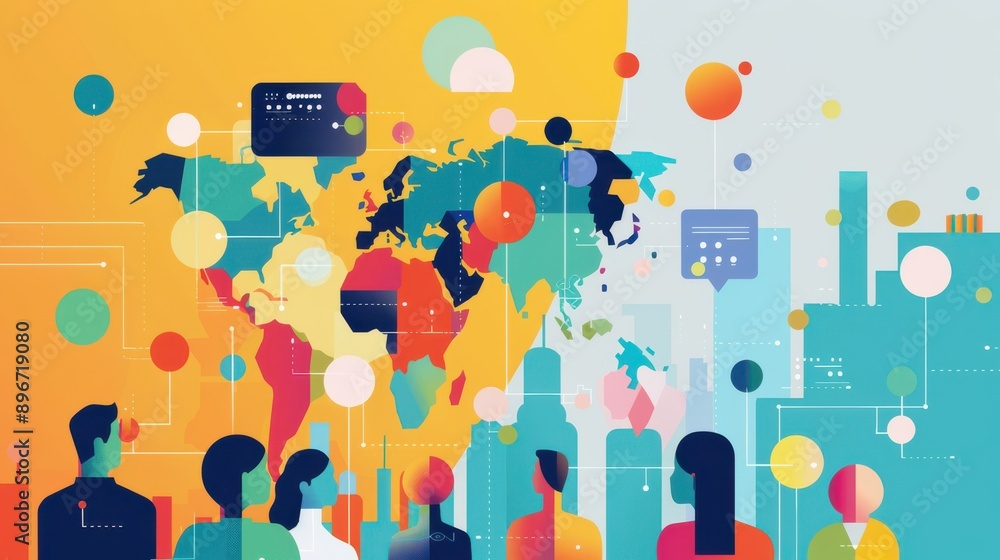 Aufkleber users from different cultures conversing via ai translator, real-time speech translation displayed o