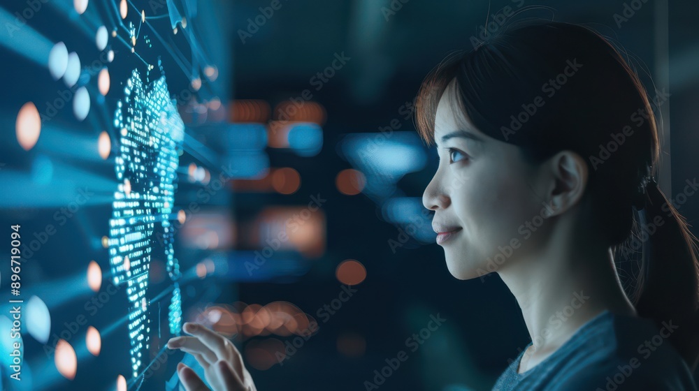 Poster users from different cultures chatting via ai-powered translation device, translated speech shown on