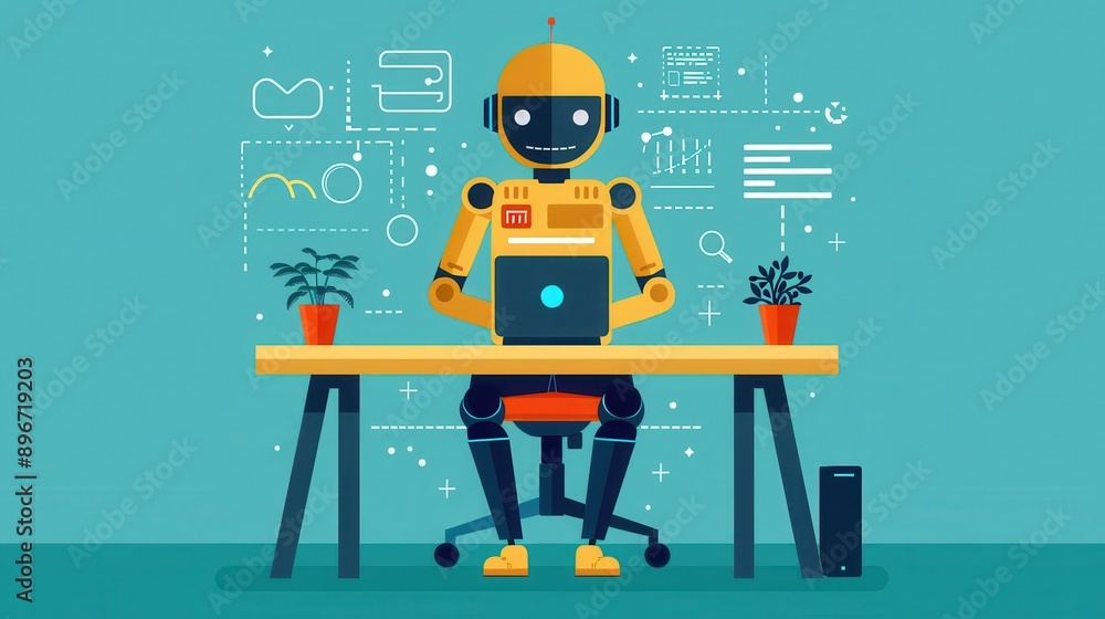 Poster virtual chatbot interaction, user on computer