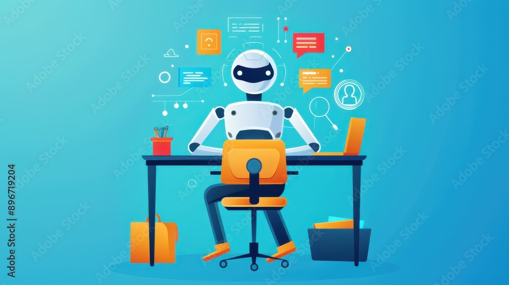 Poster virtual chatbot interaction, user on computer