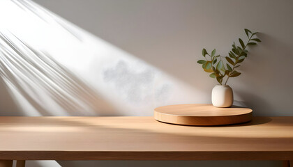  minimal wooden table counter podium with natural wood grain, emphasizing the subtle interplay of light and shadow on a white wall.