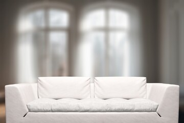 Interior of living room with soft white sofa