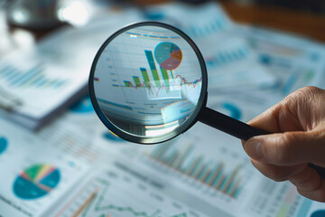 Financial reports with graphs and charts under scrutiny from a magnifying glass held by a hand, representing meticulous corporate progress analysis