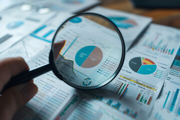 A hand holding a magnifying glass over financial charts and reports, showcasing a focused analysis of business performance