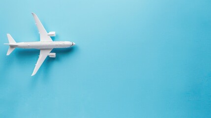 Fototapeta premium Aerial shot of white toy plane on blue background with space for text travel theme