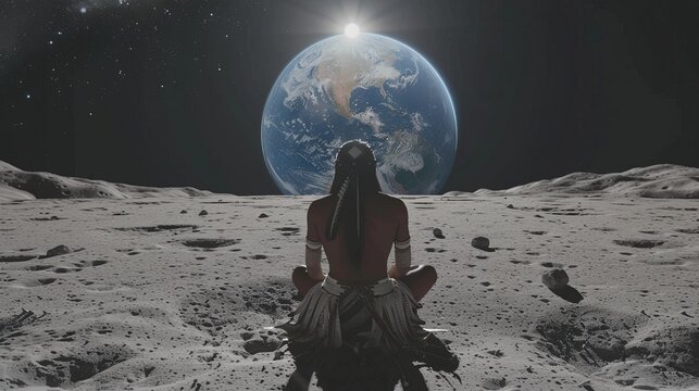 Taino Indian Sitting on Moon's Surface Gazing at Earth in High Quality 8K, Captured from Behind with Grey Lunar Landscape in Front