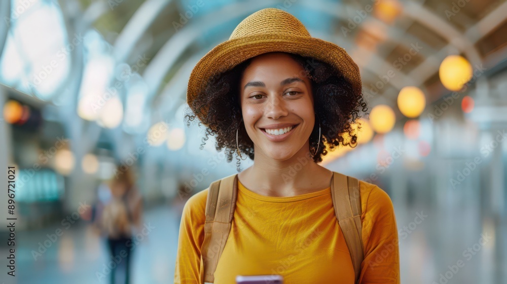 Poster woman using ai-powered language translation app while traveling, simplifying communication with tech