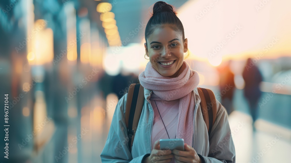 Poster woman using ai-powered language translation app while traveling, simplifying communication with tech