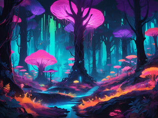abstract glowing Fantasy of neon forest. Glowing colorful fairytale