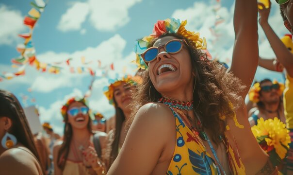 un gruppo di amici si diverte all'aperto durante una giornata estiva. La scena &egrave; piena di colori vivaci, con persone che ballano, sorridono e brindano con bevande fresche sotto un cielo azzurro.