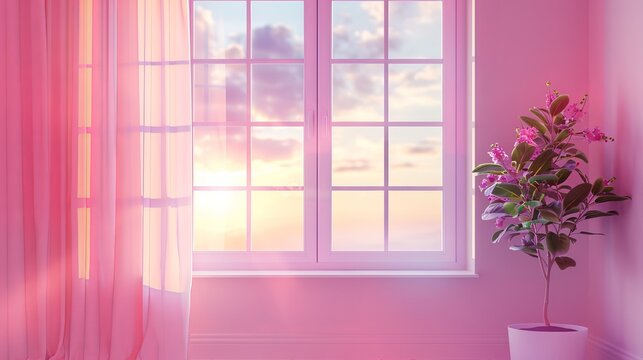 Sunset pink glow through closed pvc window in apartment room, serene interior view