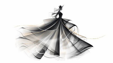Fototapeta premium Fashion sketch of an avant-garde evening gown with intricate detailing, hand-drawn in a modern artistic style, showcasing fluid lines and dynamic shapes