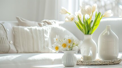 White Flowers in a White Vase on a White Table