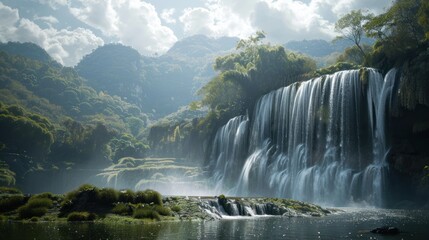 Majestic Waterfall Cascading Through Lush Green Mountains