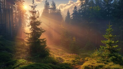 Naklejka premium Sunbeams Through the Forest