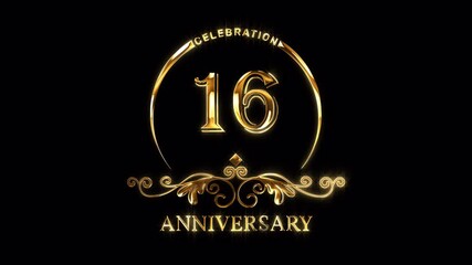 16th Anniversary Celebration. Happy 16 Years Anniversary Animation in Gold Color on the Transparent Background, Alpha Channel. Great for greetings, celebrations, events, and gifts.