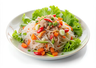 Thai salad made with clear bean vermicelli and meat. (Yum woon sen), isolated on white background, Selective focus